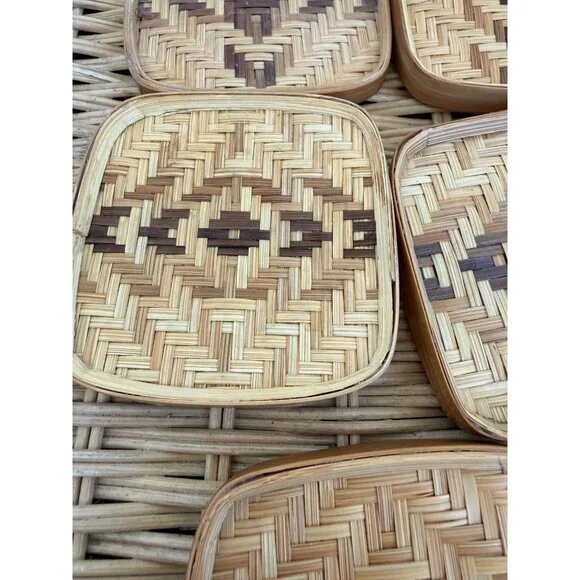 Vintage 70s Wicker Rattan Set of 5 coasters Barware Retro Boho - Picture 10 of 12